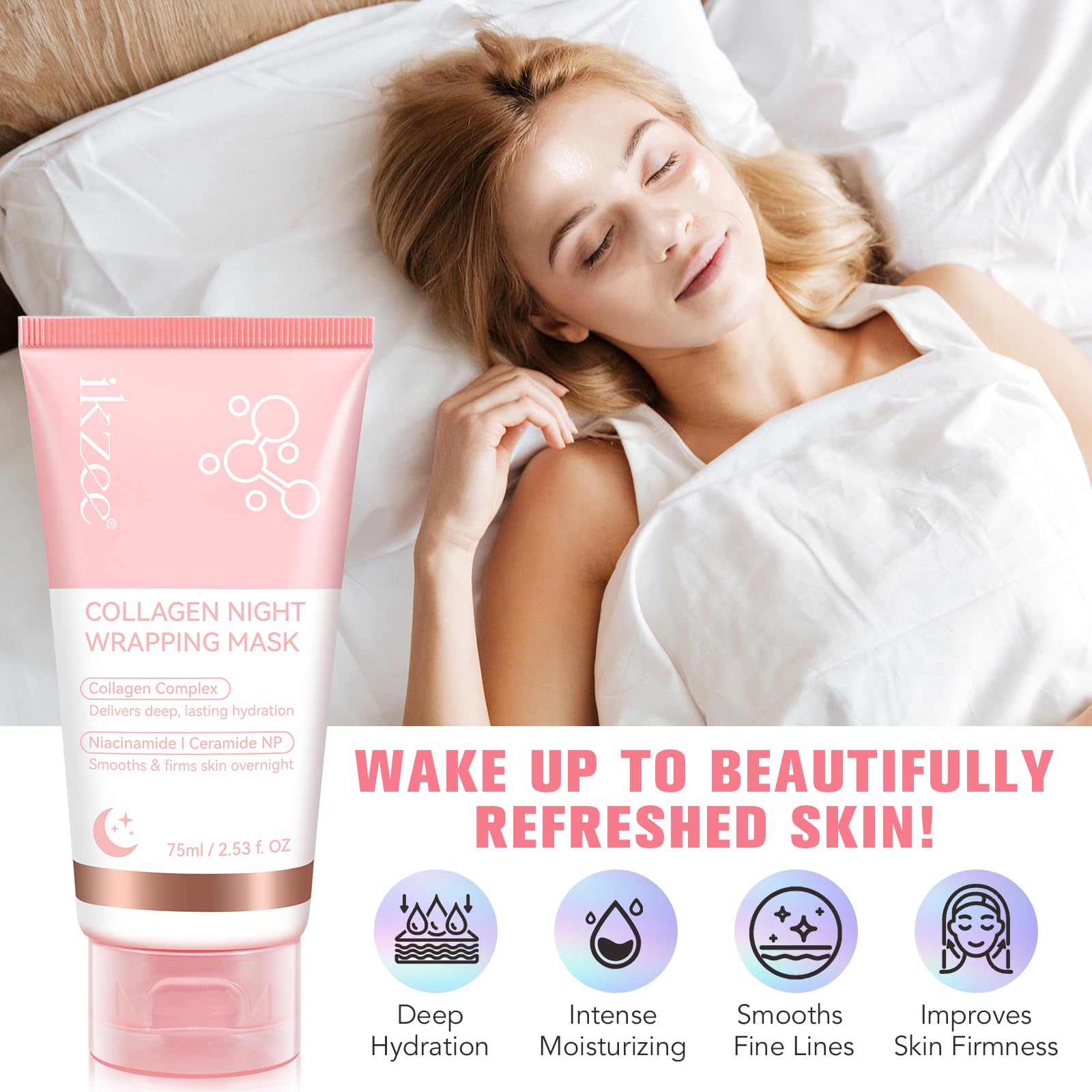 Collagen Night Wrapping Mask 2.53 fl.oz, Collagen Overnight Wrapping Peel Off Facial Mask with Brush, Deep Hydration, Improves Skin Elasticity, Pore Tightening & Firming, Reduces Sagging & Dullness